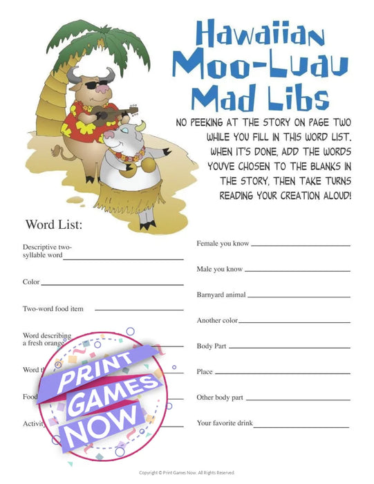 Hawaiian Luau Party: Moo-Luau Mad Libs