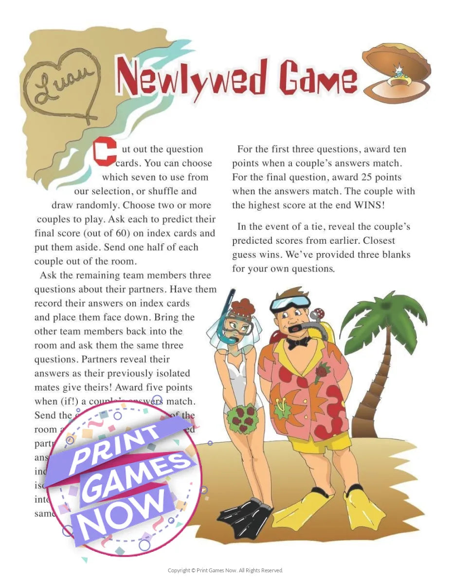 Printable Hawaiian Luau Newlywed Questions Party Game — Print Games Now, image size:927x1200