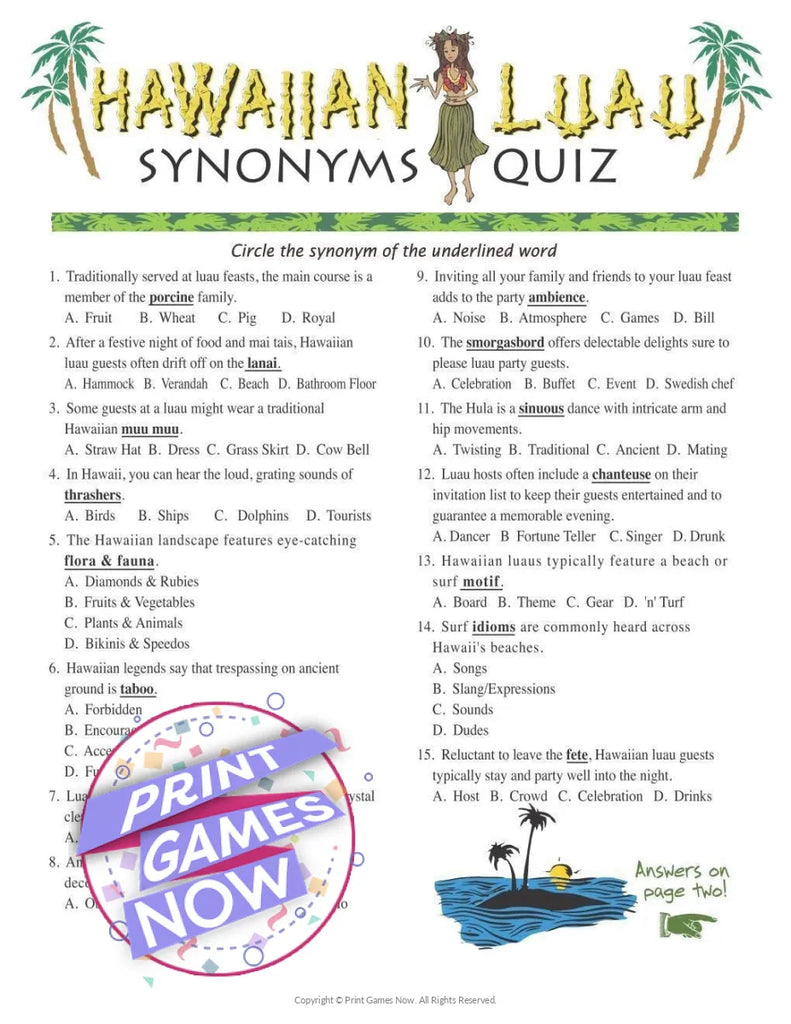 Printable Hawaiian Luau Synonyms Quiz Party Game Print Games Now