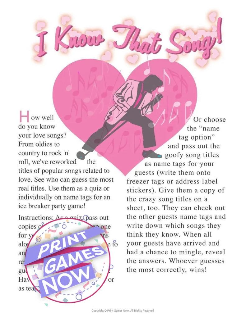 Printable I Know That Song Adult Party Game for Couples — Print Games Now