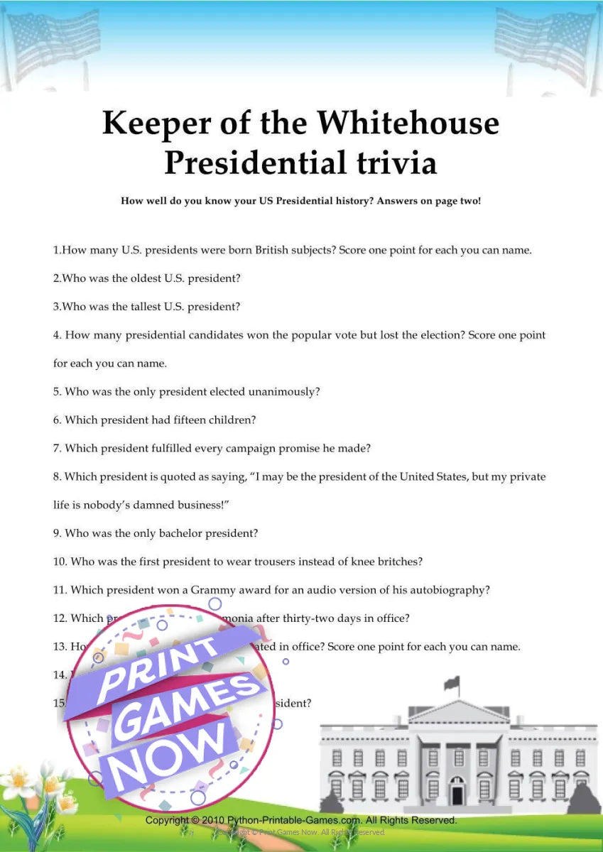printable independence day presidential trivia party game printable independence day presidential trivia party game — print