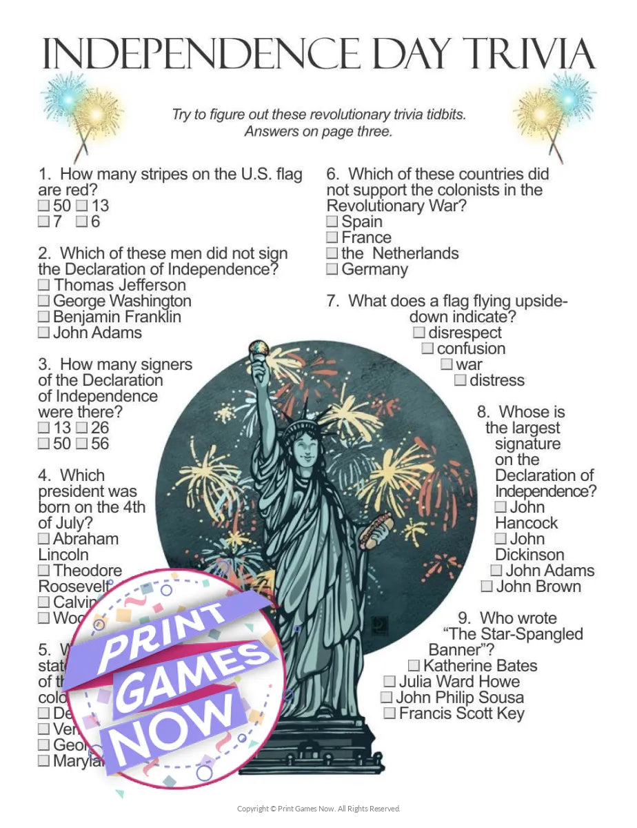 Printable Independence Day Trivia Party Game Print Games Now Printable Independence Day Trivia Party Game Print Games Now