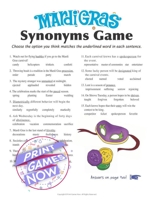 Printable Mardi Gras Synonyms Party Game — Print Games Now