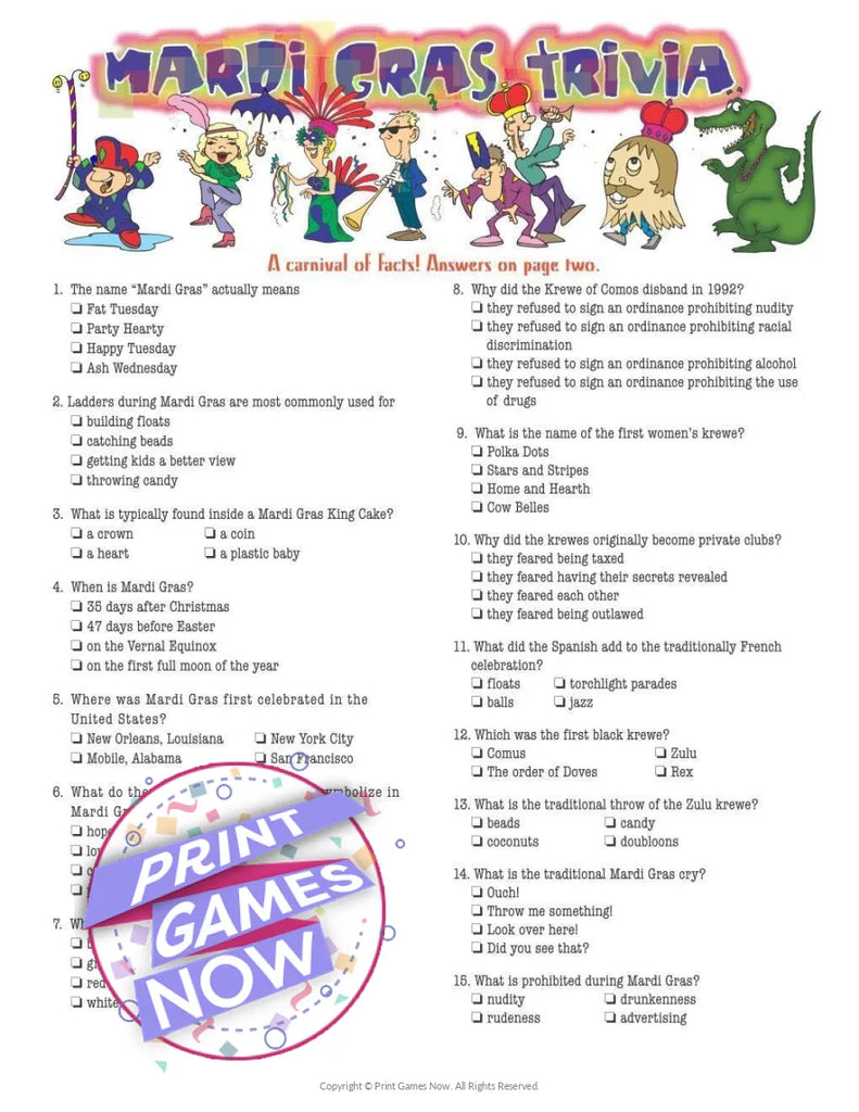Mardi Gras Trivia Printable Free