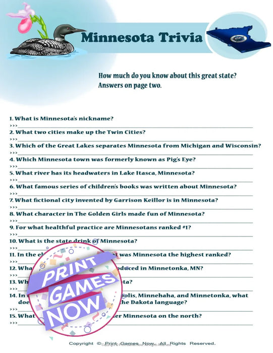 Questions Mn Printable Minnesota Party Trivia Game — Print Games Now