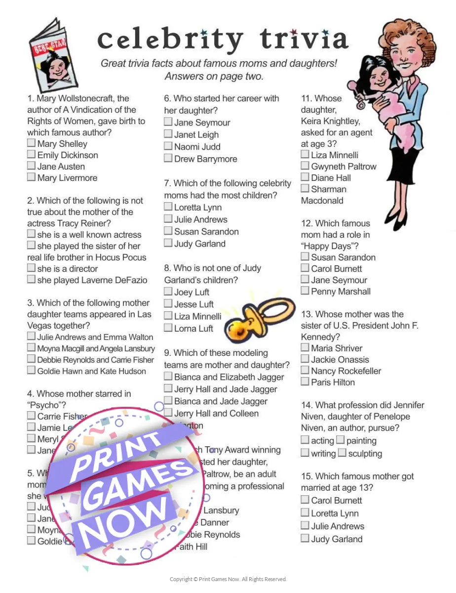 Printable Mother's Day Famous Mothers and Daughters Party Game — Print Games Now printable-mother-s-day-famous-mothers-and-daughters-party-game-print-games-now