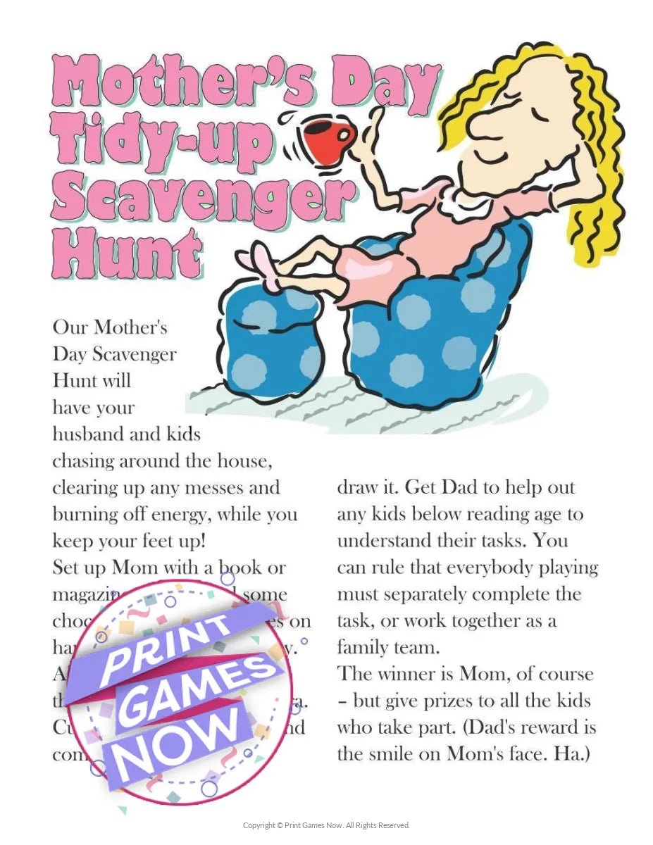 Printable Mother's Day Tidy Up Scavenger Hunt Party Game — Print