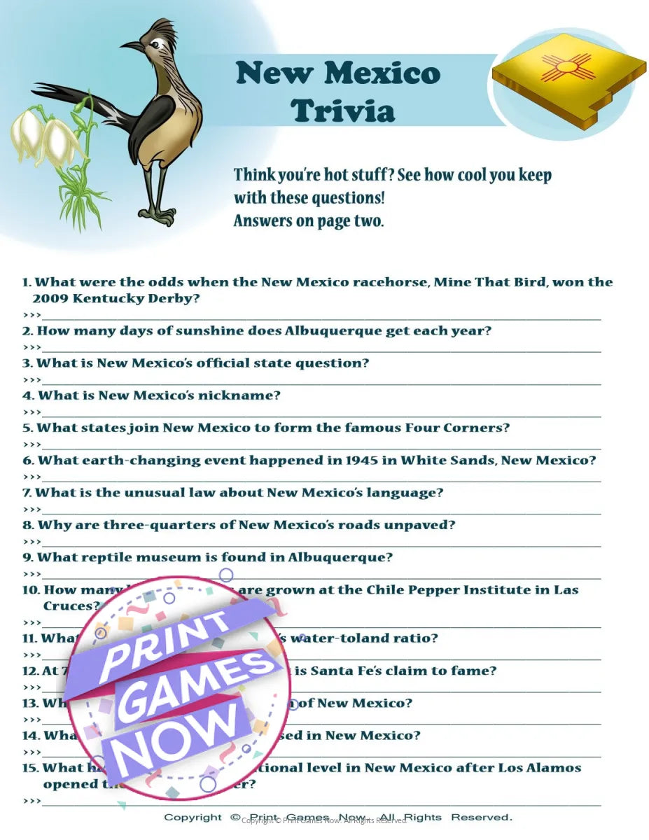 Printable New Mexico Party Trivia Game — Print Games Now