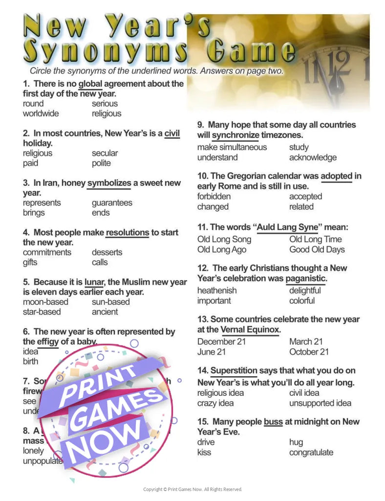 printable new years eve synonyms worksheet party game printable new year's eve synonyms worksheet party game β print