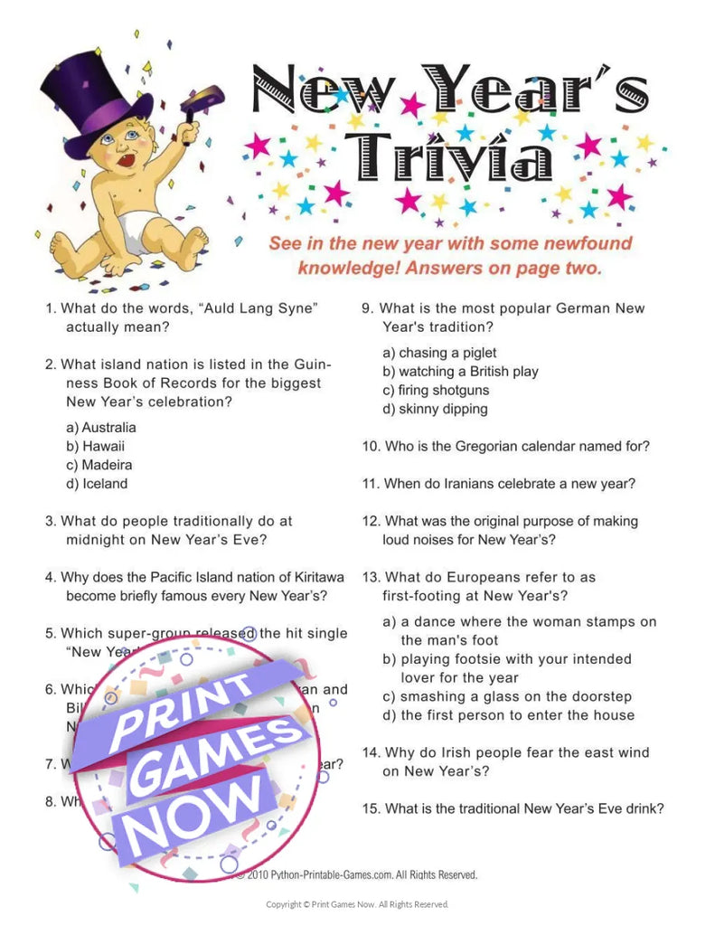 printable new year's eve trivia party game — print games now