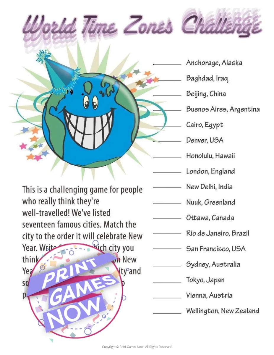 Printable New Year's Eve World Time Zones Challenge Party Game — Print ...