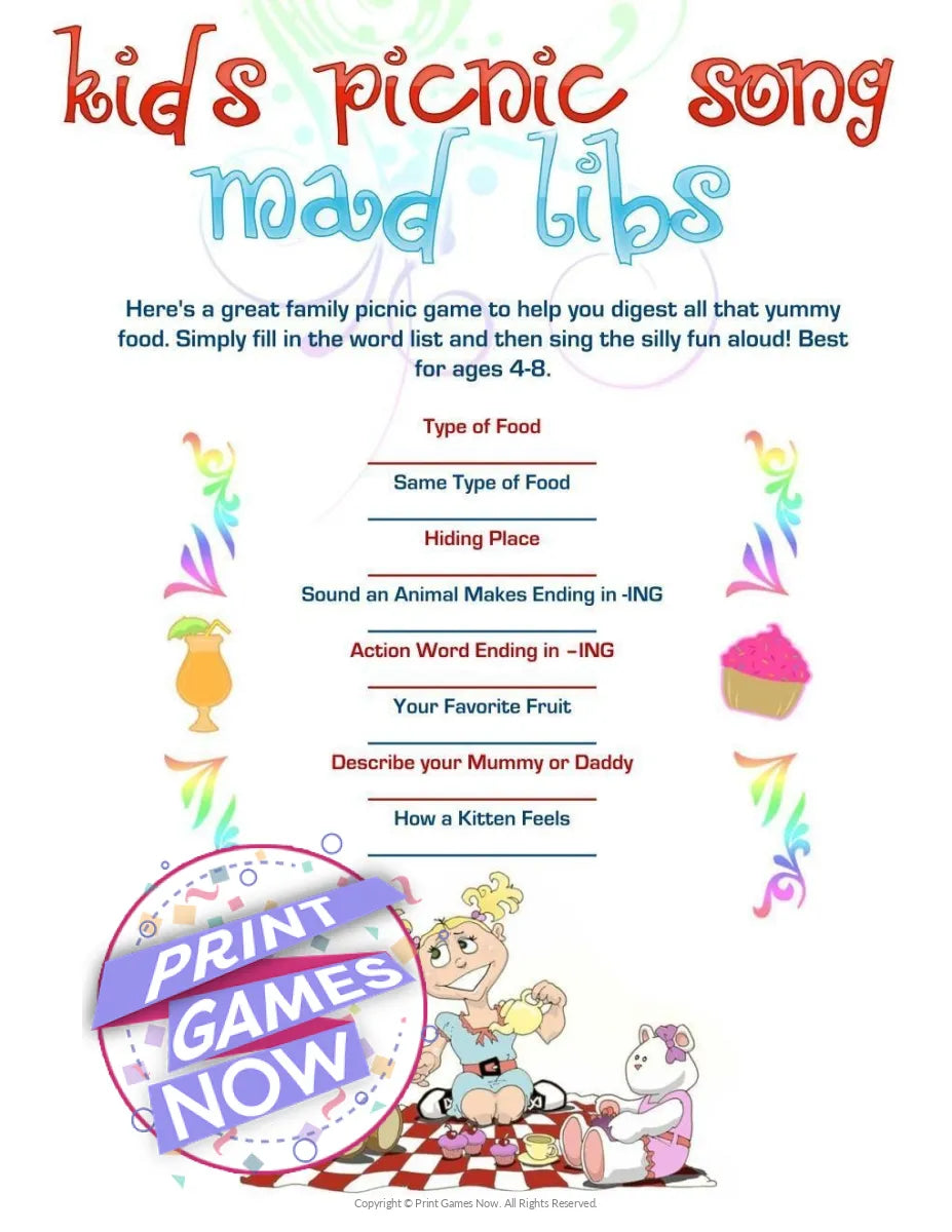 Printable Picnic Kids' Song Mad Libs Party Game — Print Games Now