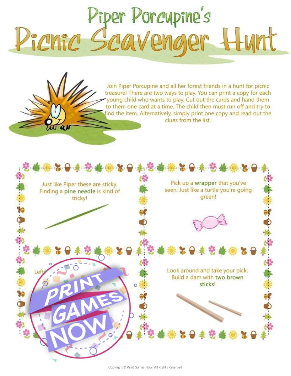 Printable Picnic Piper Porcupine's Scavenger Hunt Party Game — Print
