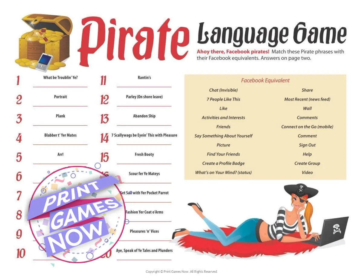 Printable Pirate Party Language Party Game — Print Games Now