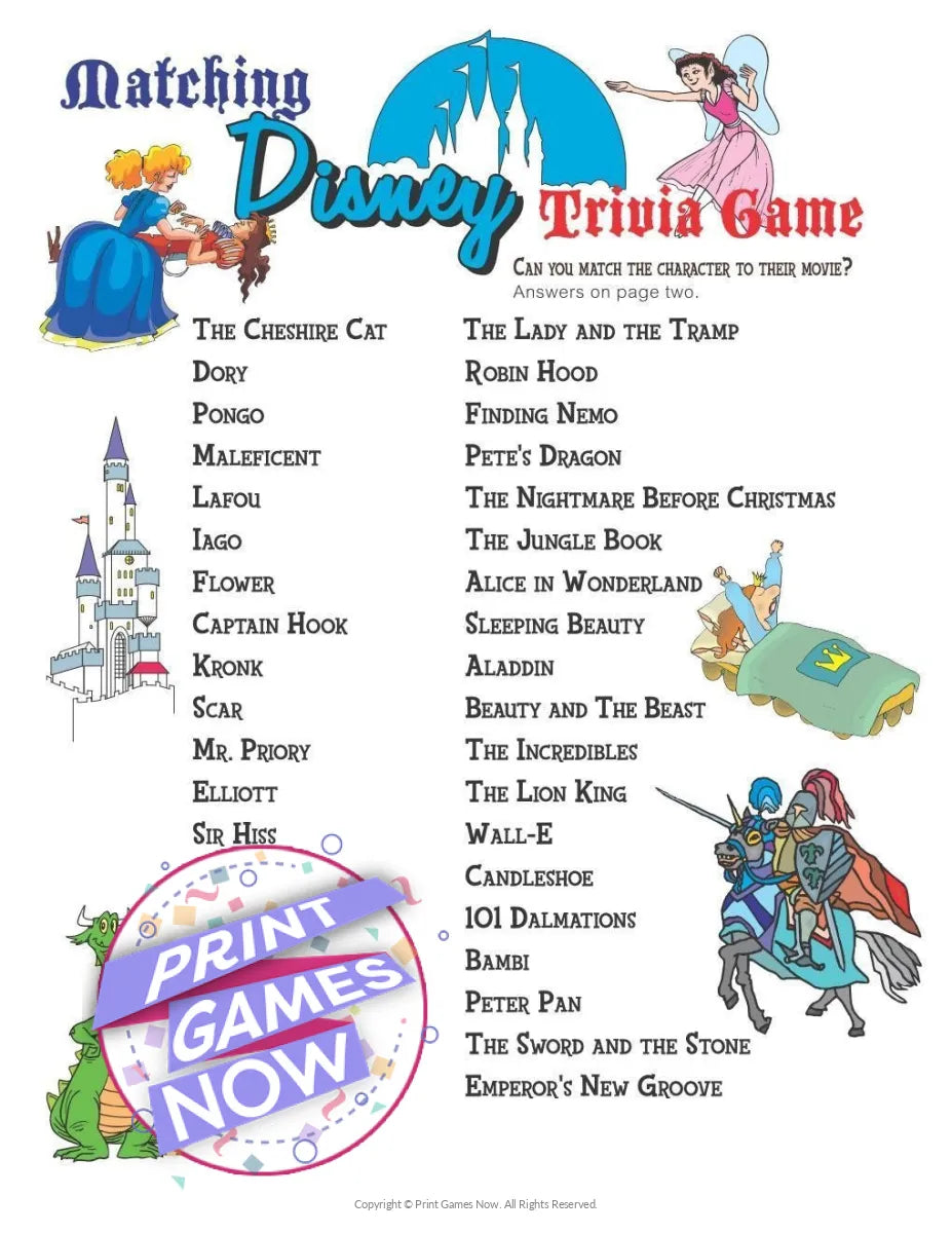 Printable Pop Culture Disney Trivia Party Game — Print Games Now
