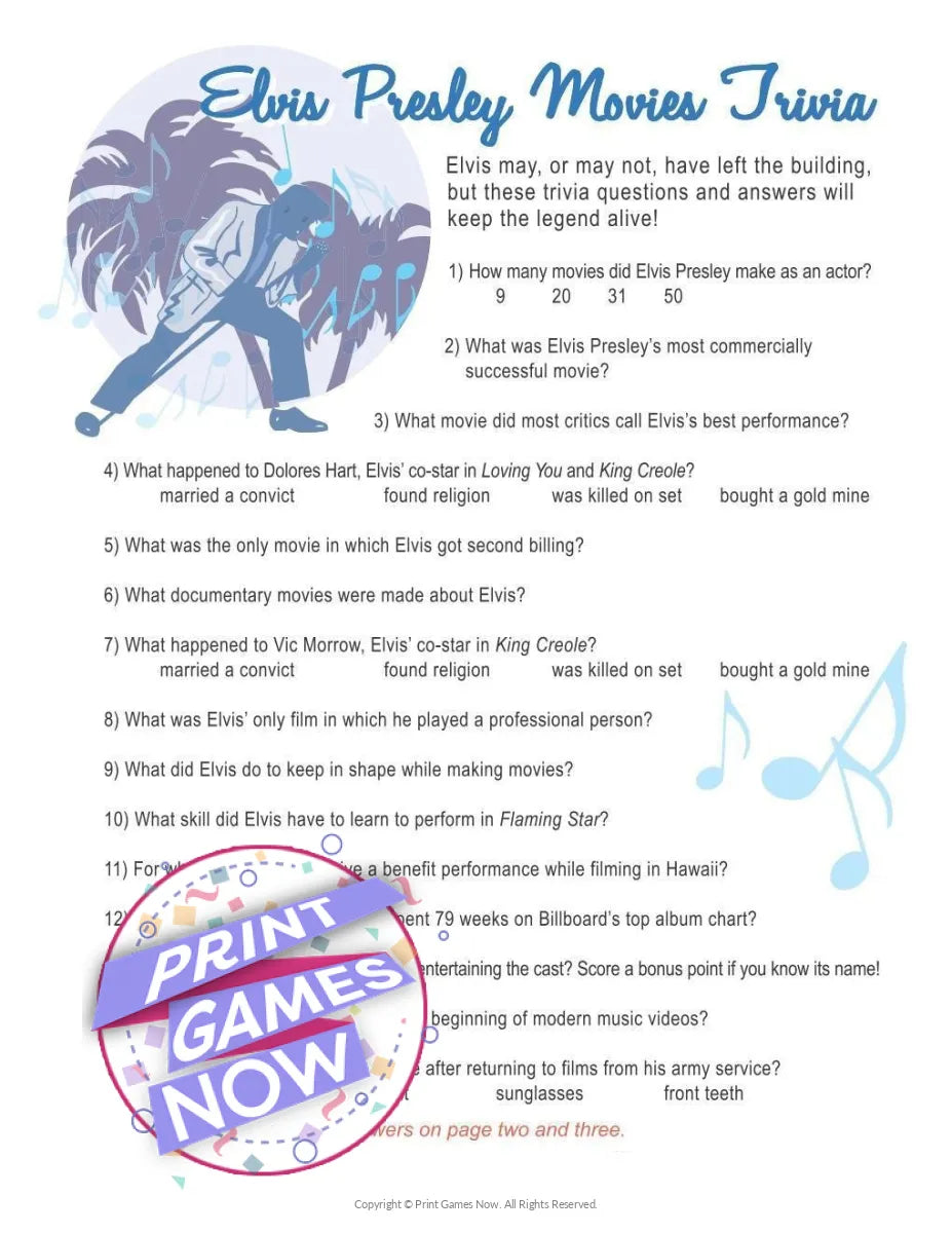 Printable Pop Culture Elvis Presley Movies Trivia Party Game — Print ...