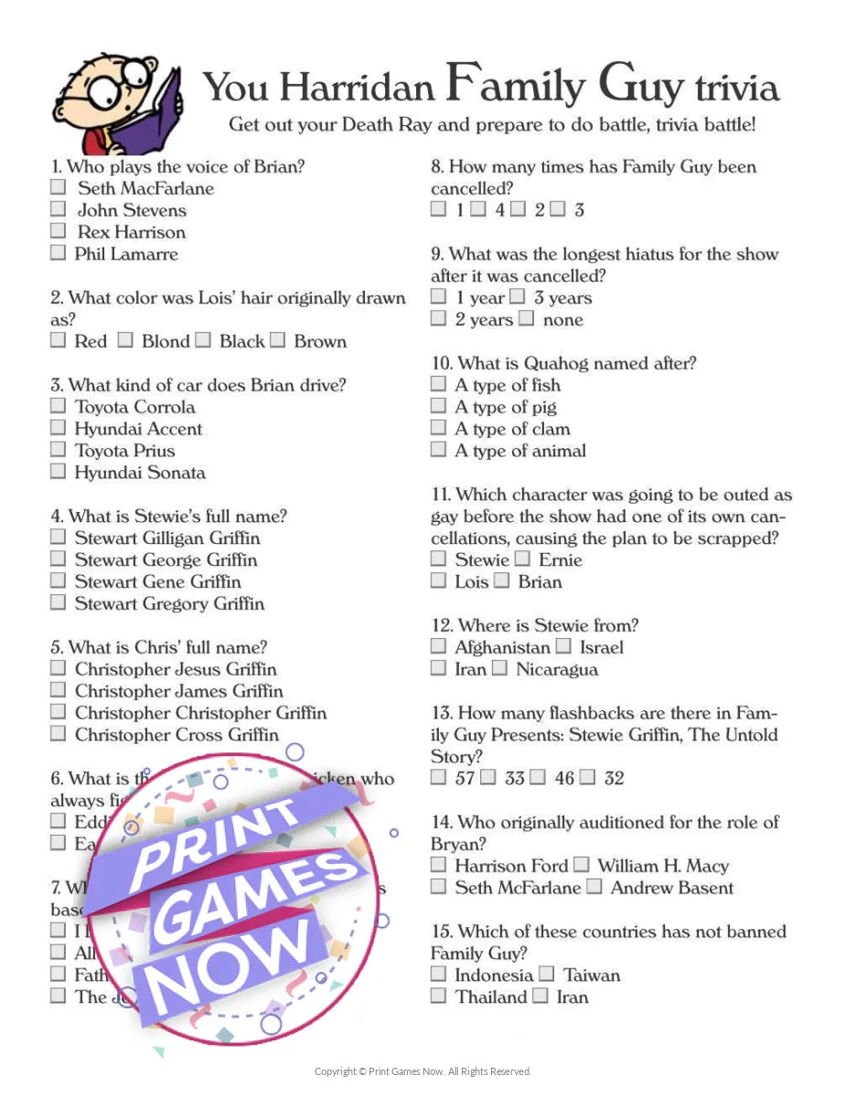 Printable Pop Culture Family Guy trivia Party Game — Print Games Now