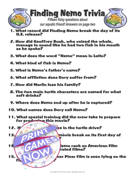 Pop Culture Games: Finding Nemo Trivia