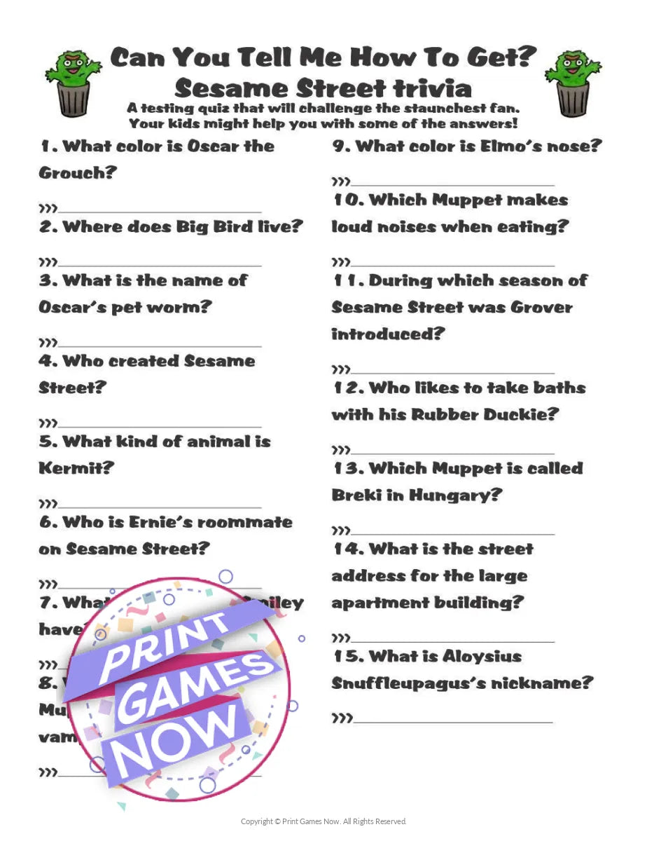 Printable Pop Culture Sesame Street Trivia Party Game — Print Games Now