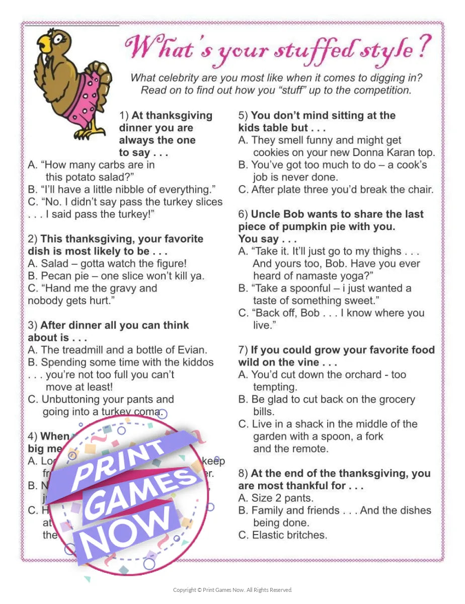 Printable Pop Culture Stuffed Style Quiz Party Game — Print Games Now