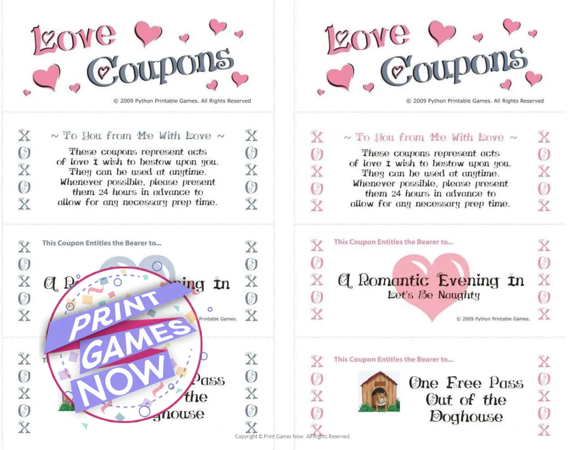 Printable Romantic Coupons Adult Party Game for Couples — Print Games Now