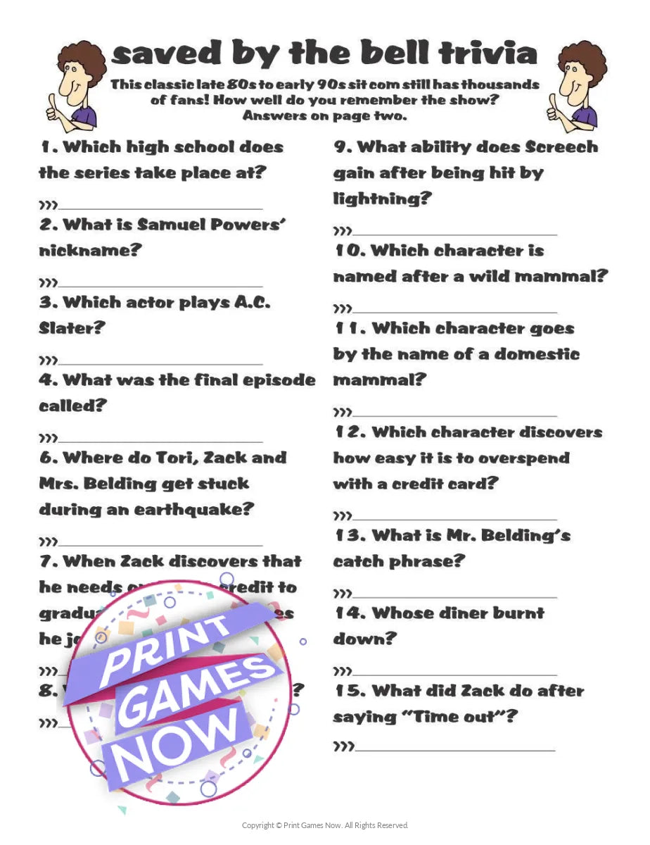 Printable Saved By The Bell Trivia Party Game — Print Games Now printable-saved-by-the-bell-trivia-party-game-print-games-now