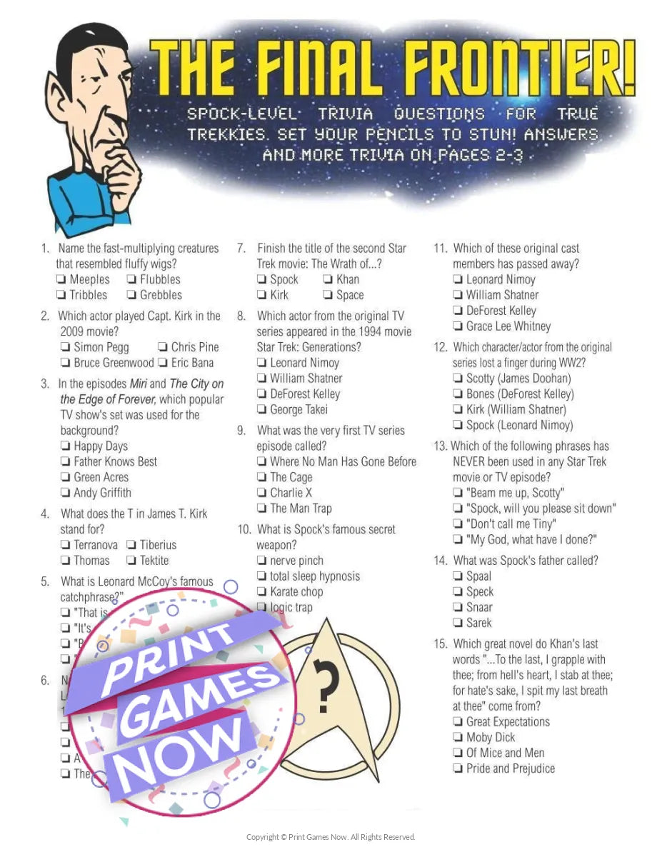 Printable Star Trek Spock Level Trivia Party Game — Print Games Now