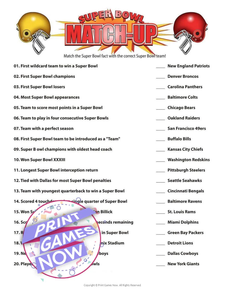 printable super bowl history trivia party game questions free super bowl game team list of every super bowl game