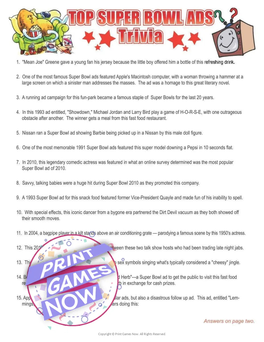 printable super bowl top ads trivia party game — print games now