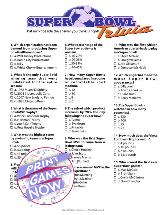 Printable Super Bowl Trivia I Party Game — Print Games Now