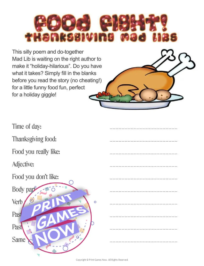 printable thanksgiving food fight mad libs party game — print
