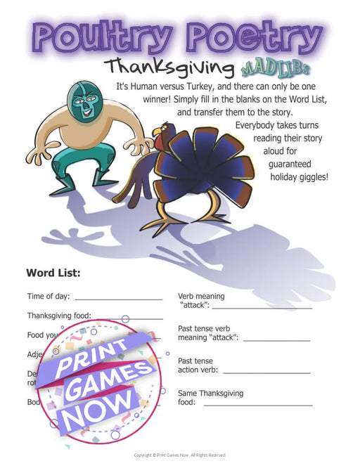 Thanksgiving: Poultry Poetry Mad Libs