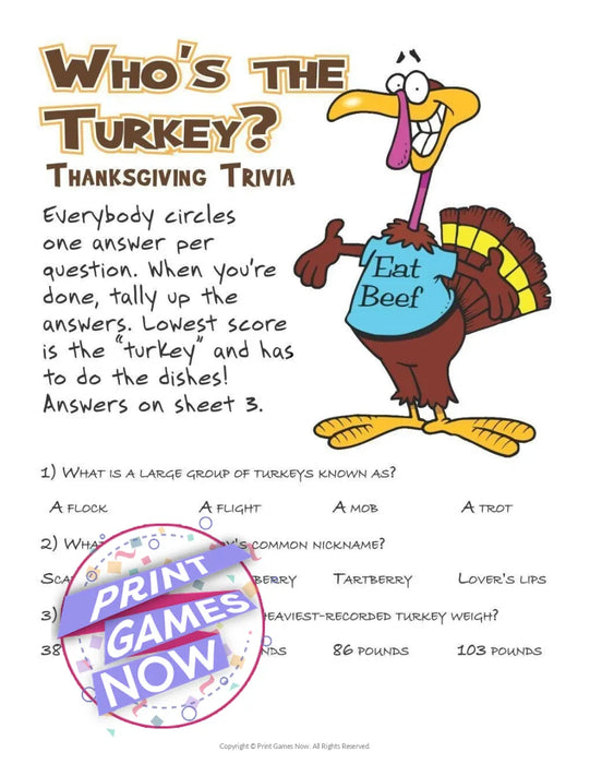 Printable Thanksgiving Who's the Turkey? Trivia Party Game — Print ...