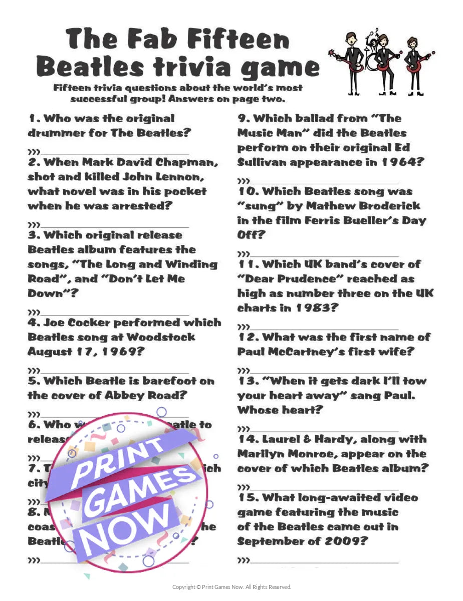 Printable Music Trivia Party Games — Print Games Now for Free Printable 1960 Trivia Questions And Answers Printable