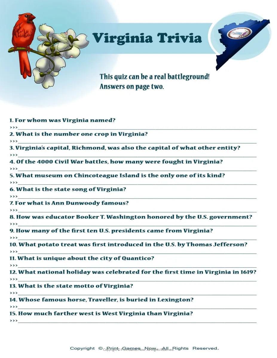 Printable Virginia Party Trivia Game — Print Games Now