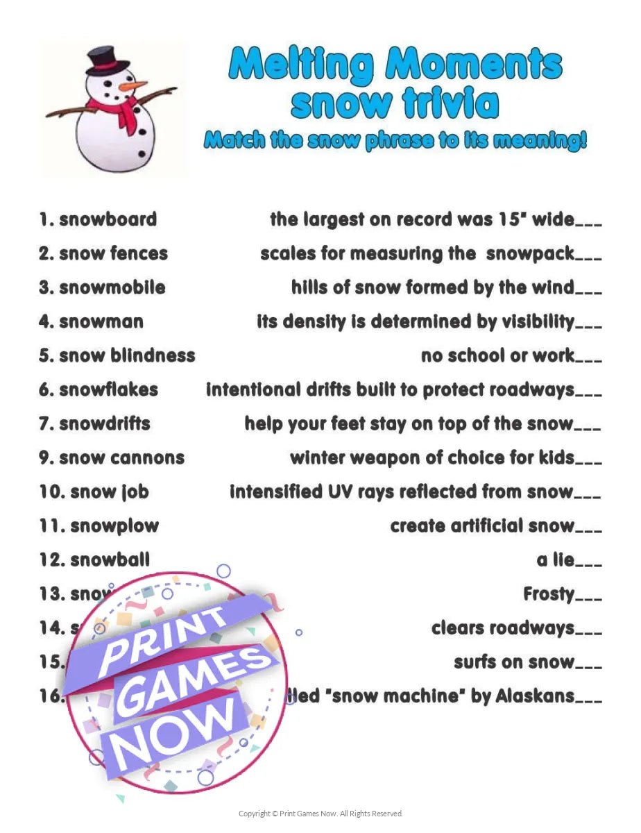 Printable Winter Melting Moments Party Game — Print Games Now for Free Printable Winter Trivia Questions And Answers Printable