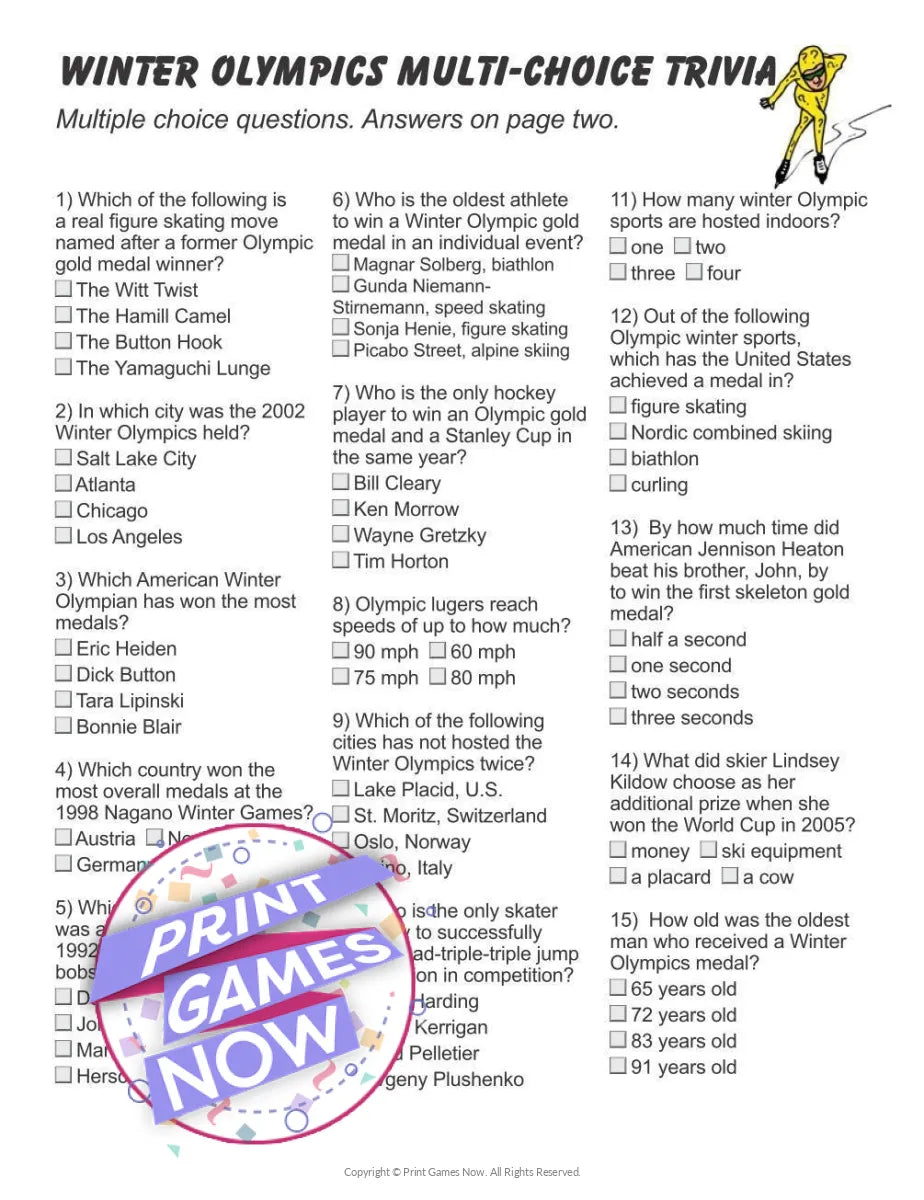 Printable Winter Winter Olympic Multiple Choice Trivia Party Game — Print  Games Now