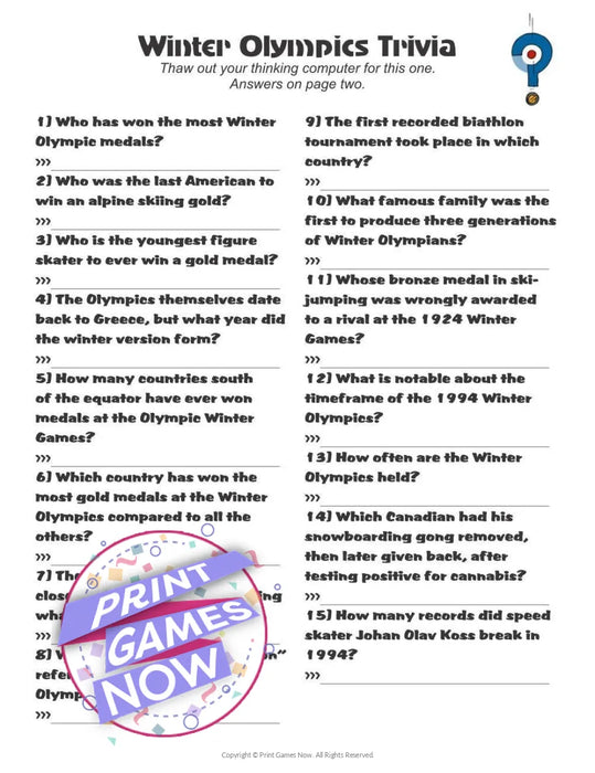 Printable Winter Winter Olympic Trivia Party Game — Print Games Now