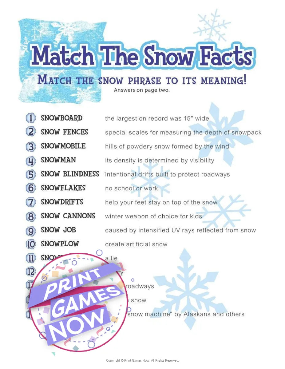 printable winter snow facts match party game printable winter snow facts match party game — print games now